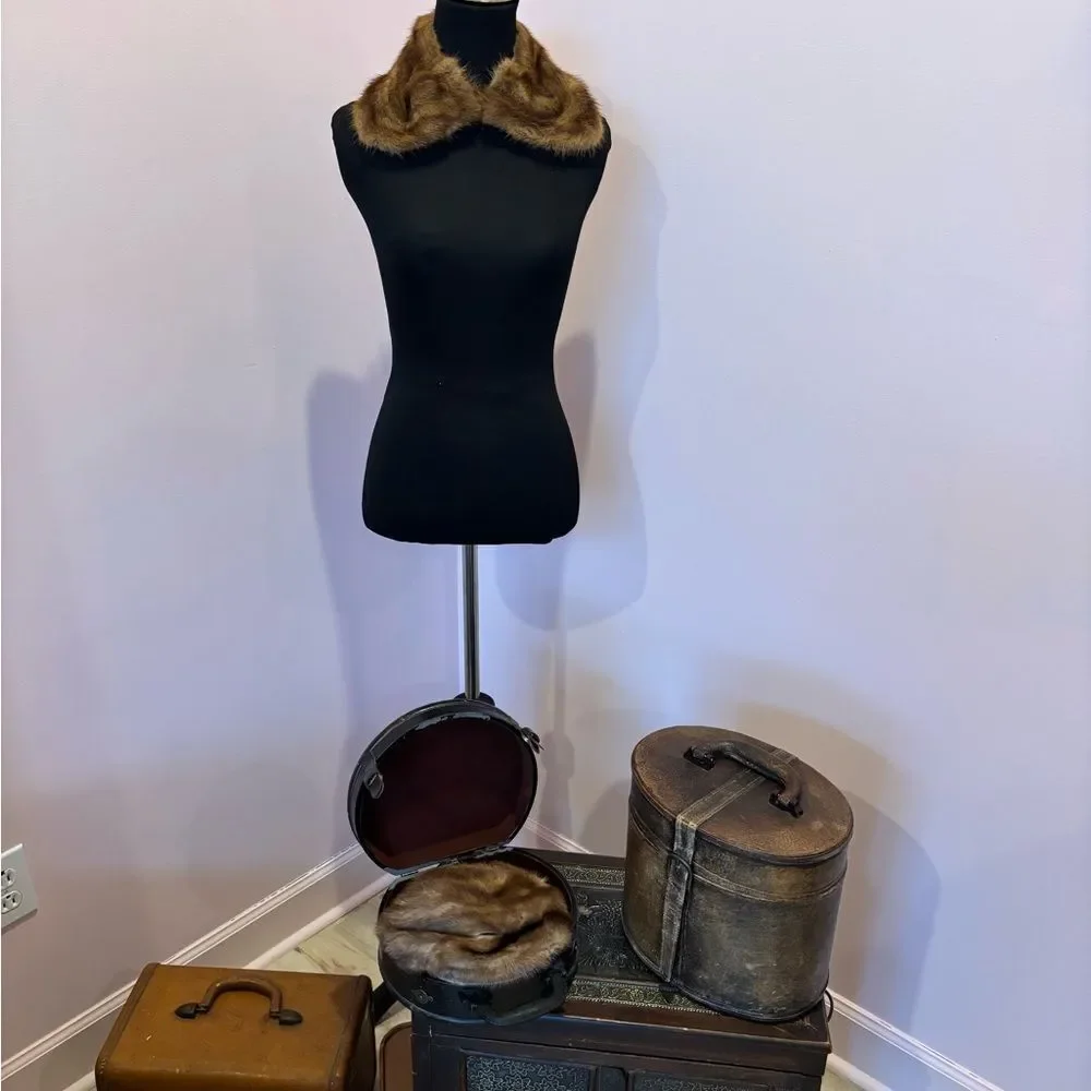 Vintage Brown Fur Collar and Hat Set